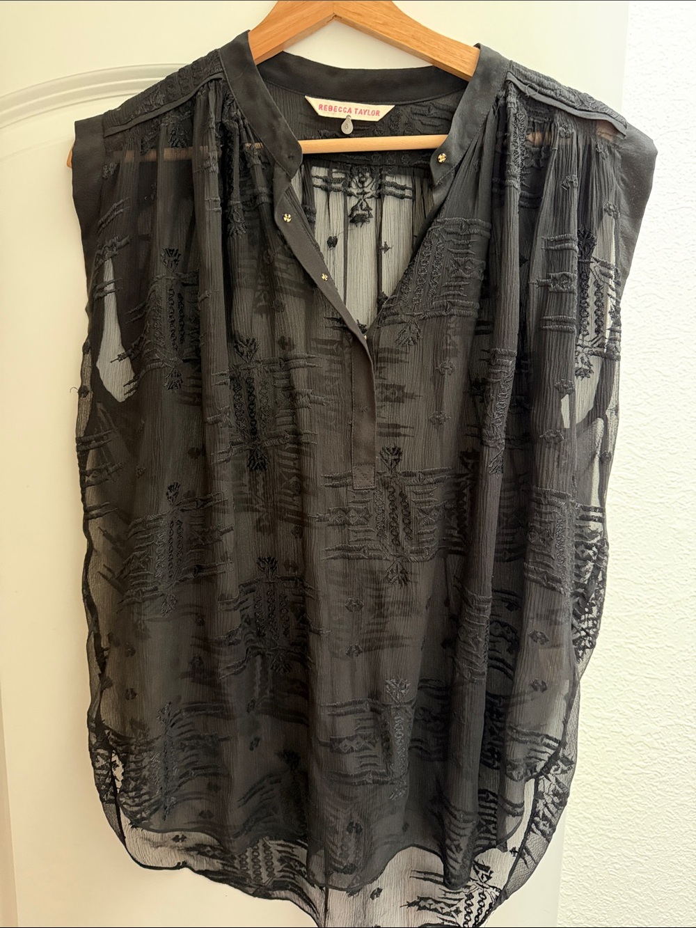 Rebecca Taylor Sheer Black Embroidered Sleeveless V-Neck Top